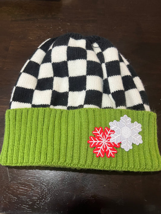 Green Beanie - two snowflakes