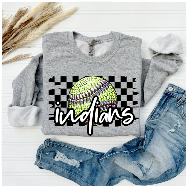 Softball Glitter Sparkles Checkered - Indians Crewneck