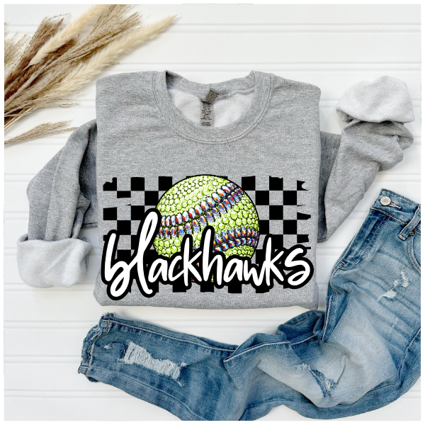 Softball Glitter Sparkles Checkered - Blackhawks Crewneck