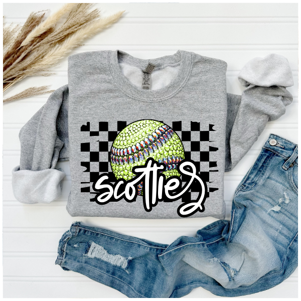 Softball Glitter Sparkles Checkered - Scotties Crewneck