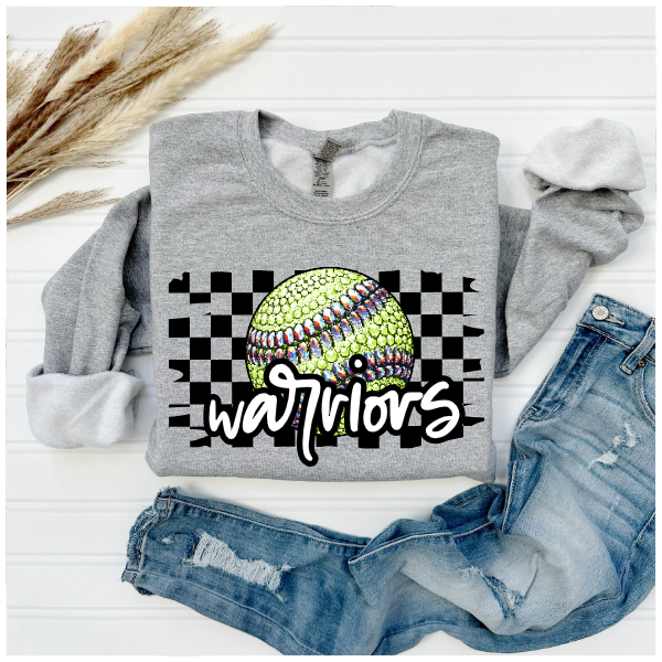 Softball Glitter Sparkles Checkered - Warriors Crewneck