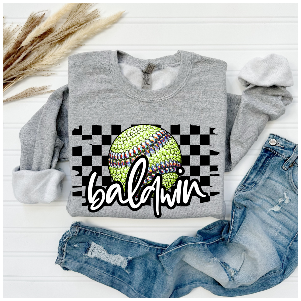 Softball Glitter Sparkles Checkered - Baldwin Crewneck