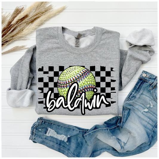 Softball Glitter Sparkles Checkered - Baldwin Crewneck