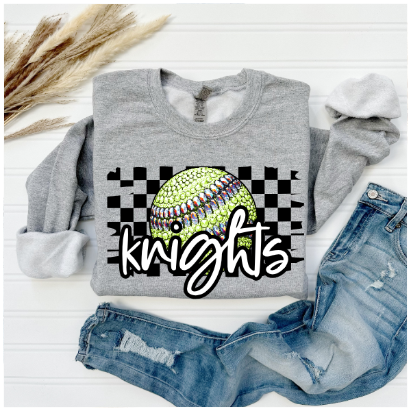 Softball Glitter Sparkles Checkered - Knights Crewneck