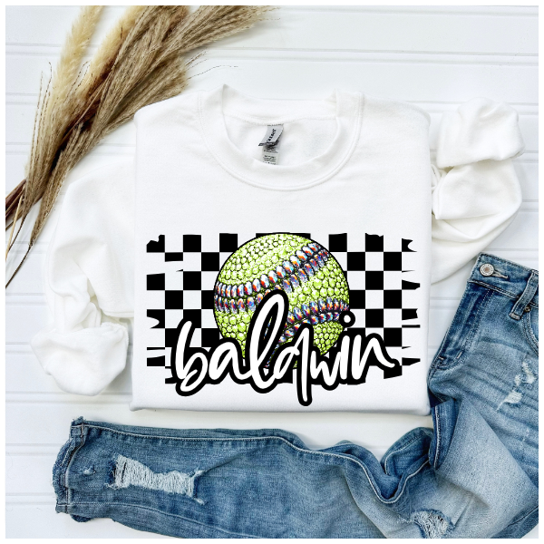 Softball Glitter Sparkles Checkered - Baldwin Crewneck
