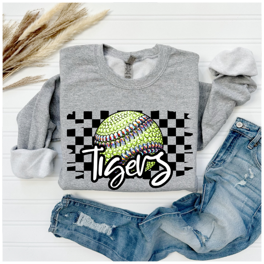 Softball Glitter Sparkles Checkered - Tigers Crewneck