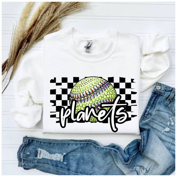Softball Glitter Sparkles Checkered - Planets Crewneck
