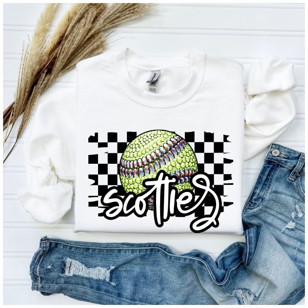 Softball Glitter Sparkles Checkered - Scotties Crewneck