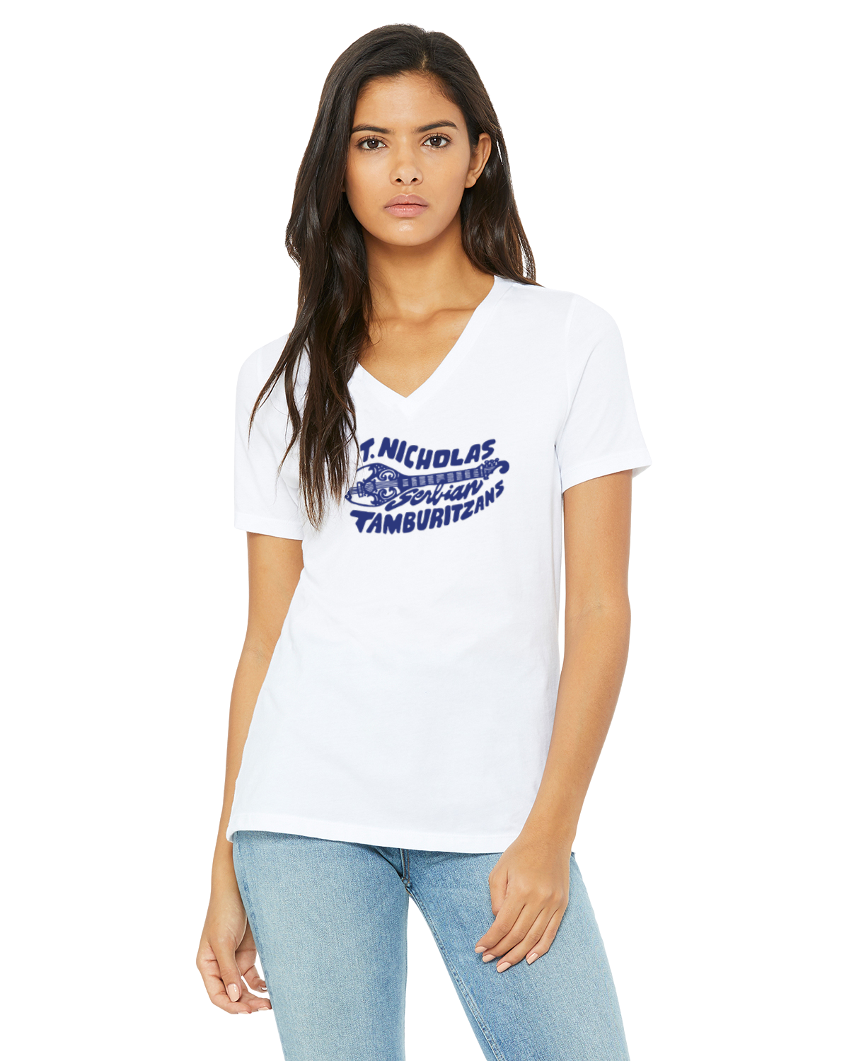 St. Nicholas Tamburitzans WOMENS cut VNECK Tee- Design on Center
