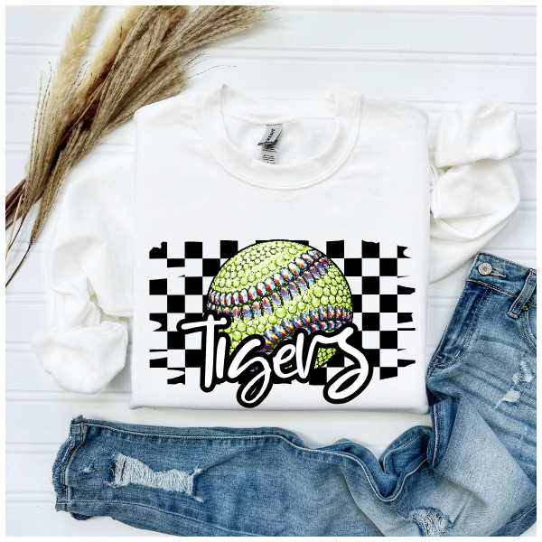 Softball Glitter Sparkles Checkered - Tigers Crewneck