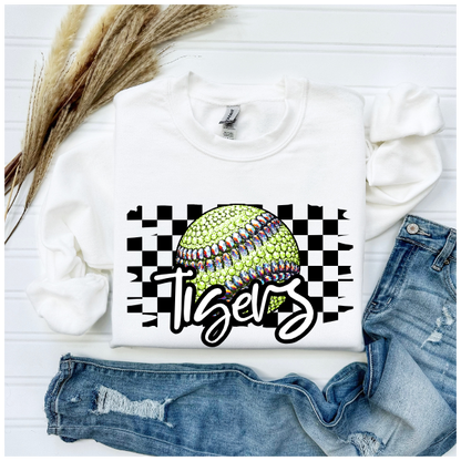 Softball Glitter Sparkles Checkered - Tigers Crewneck