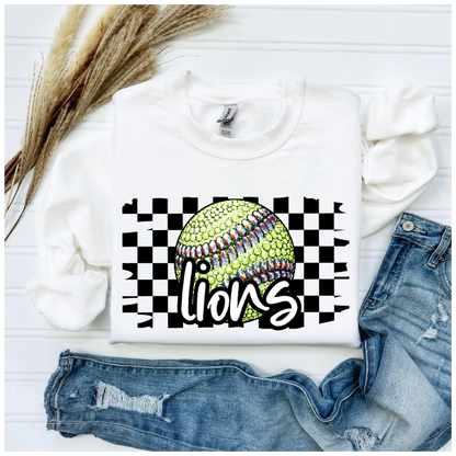 Softball Glitter Sparkles Checkered - Lions Crewneck