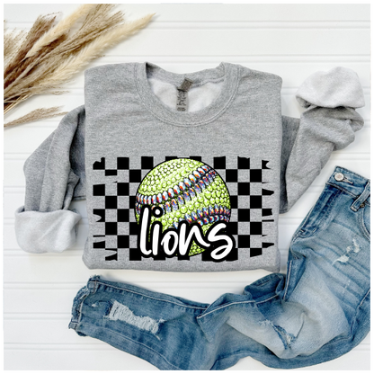 Softball Glitter Sparkles Checkered - Lions Crewneck
