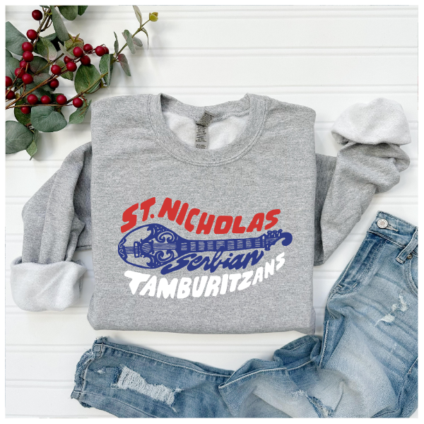 St. Nicholas Tamburitzans Crewneck Sweatshirt- Serbian Flag Logo - Design on Center