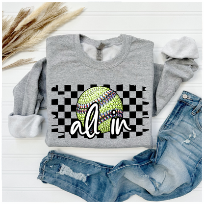 Softball Glitter Sparkles Checkered - All In Crewneck