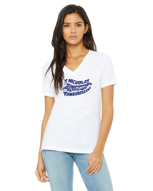 St. Nicholas Tamburitzans WOMENS cut VNECK Tee- Design on Center